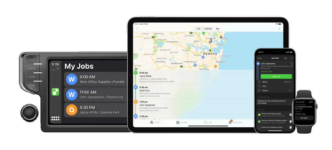ServiceM8 job schedules and service management displayed on an iPad, iPhone, Apple Watch and CarPlay screen